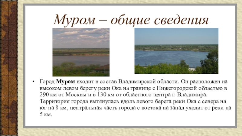 Муром – общие сведенияГород Муром входит в состав Владимирской области. Он расположен на высоком левом берегу реки
