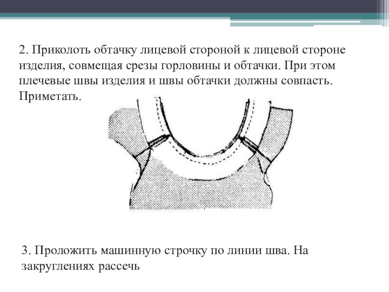 Обтачать это. Обтачка горловины подкройной обтачкой. Обработка горловины подкройной обтачкой. Обработка проймы подкройной обтачкой. Технологическая карта обработка горловины подкройной обтачкой.