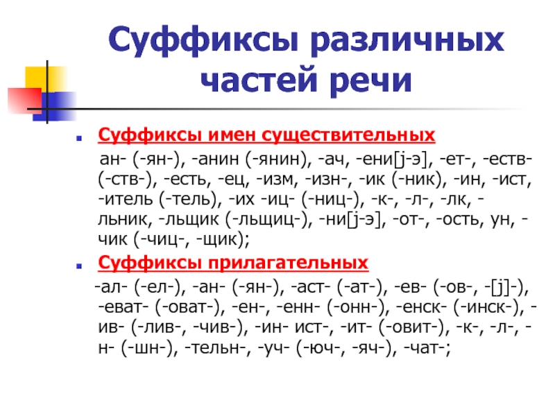 Есть суффикс чат. Суффиксы. Суффиксы разных частей речи. Суффиксы всех частей речи таблица. Суффиксы частей речи в русском языке таблица.