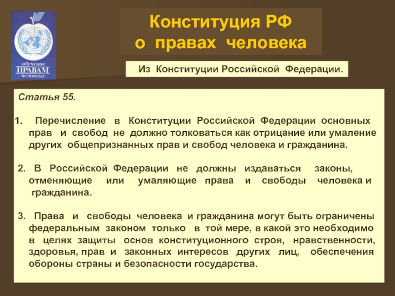Конституция РФ  о правах человека  Из Конституции Российской Федерации.Статья 55. Перечисление  в  Конституции