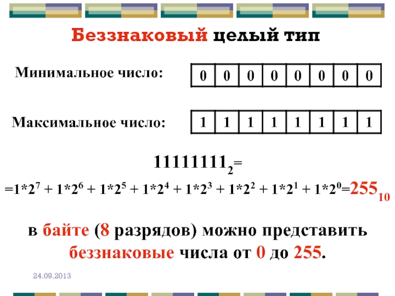 Беззнаковый целый типМинимальное число:Максимальное число:111111112= =1*27 + 1*26 + 1*25 + 1*24 + 1*23 + 1*22 +