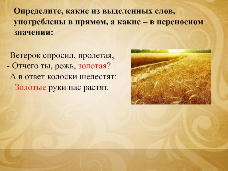 В прямом или переносном значении употреблено. Золотая рожь и золотые руки. Предложение со словом рожь. Золотой в переносном значении. Предложение Золотая рожь.