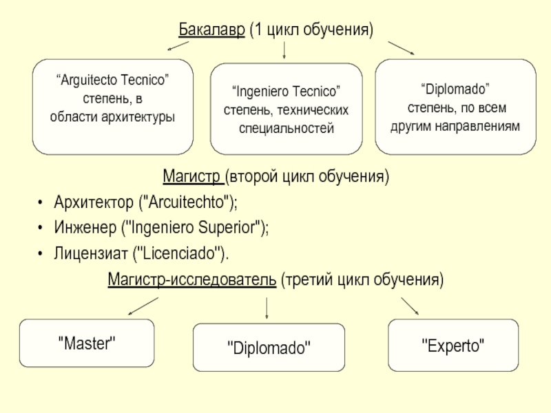 Степени образования магистр. Система образования в Испании презентация. Система образования бакалавр Магистр. Цикл обучения. Первый цикл.