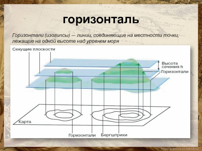 Изображение неровностей поверхности на плане. Горизонтали. Горизонтали изогипсы. Изображение высоты на плане и карте. Гарезональ.