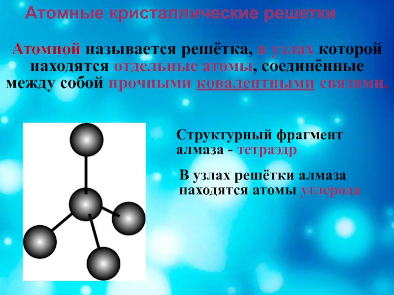 Атомная связь. Атомная кристаллическая решетка. Атомные решетки в узлах которых находятся отдельные атомы. Атомная решетка связь. Кристаллическая решетка атома.