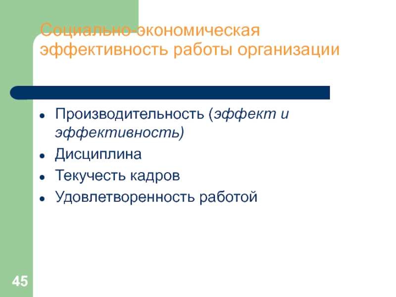 Социально-экономическая эффективность работы организации Производительность (эффект и эффективность)ДисциплинаТекучесть кадровУдовлетворенность работой