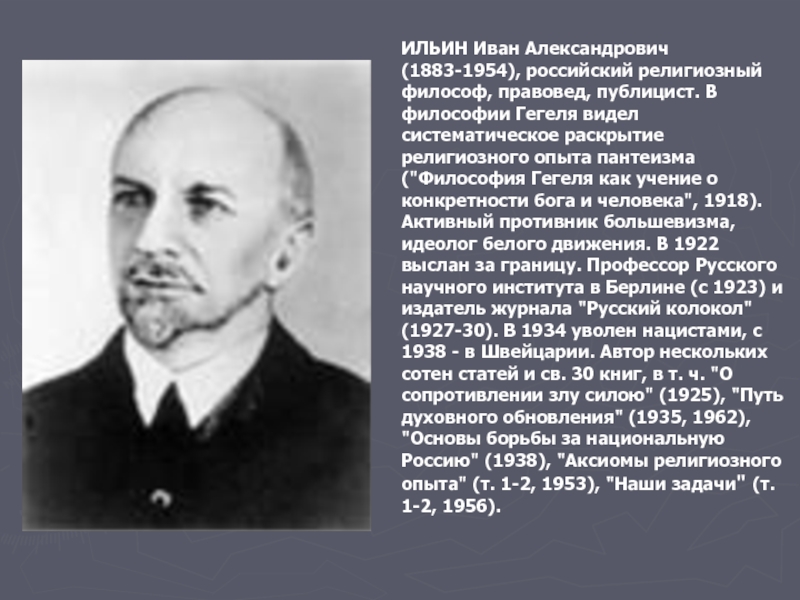 ИЛЬИН Иван Александрович (1883-1954), российский религиозный философ, правовед, публицист. В философии Гегеля видел систематическое раскрытие религиозного опыта