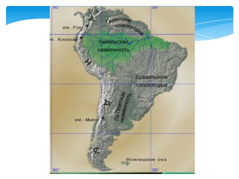 Низменности и плоскогорья южной америки. Плоскогорья Южной Америки. Южная Америка бразильское плоскогорье. Равнины Амазонская низменность на контурной карте. Бразильское плоскогорье на карте Южной Америки.