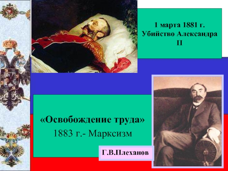«Освобождение труда»1883 г.- Марксизм1 марта 1881 г.Убийство Александра IIГ.В.Плеханов