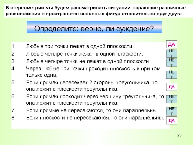 Любые четыре. Любые четыре точки лежат в одной плоскости верно или нет. Выберите верные высказывания любые три точки лежат в одной плоскости.