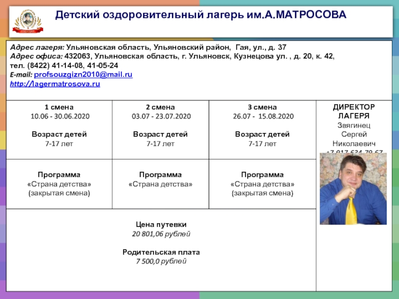 Презентация Детский оздоровительный лагерь им.А.МАТРОСОВА
Адрес лагеря: Ульяновская