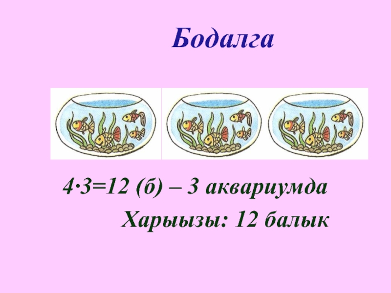 Бодалга4∙3=12 (б) – 3 аквариумда     Харыызы: 12 балык