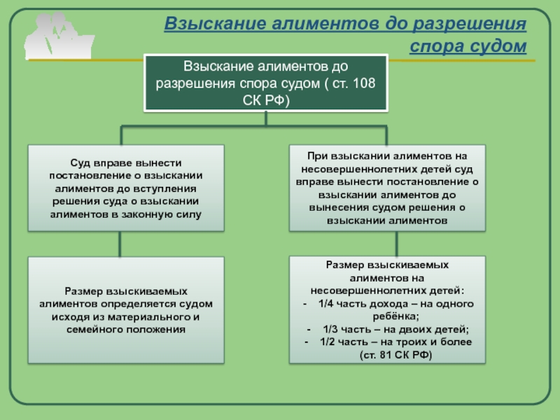 Размер алиментов взыскиваемых на несовершеннолетних детей в судебном порядке схема