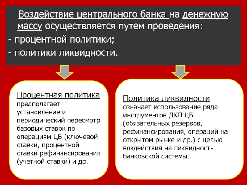 Центр влияния. Методы воздействия центрального банка на денежную массу. Процентная политика центрального банка. Влияние ЦБ на денежную массу. Действия Центробанка.