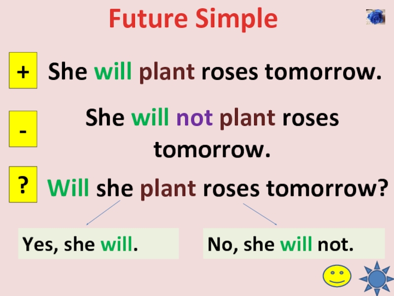 Future SimpleShe will plant roses tomorrow.+-?She will not plant. 
