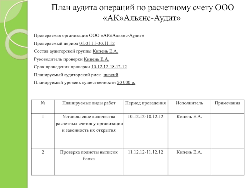 В общем плане аудита приводятся тест с ответами