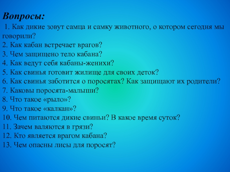 Вопросы: 1. Как дикие зовут самца и самку животного, о котором сегодня мы говорили?2. Как кабан встречает