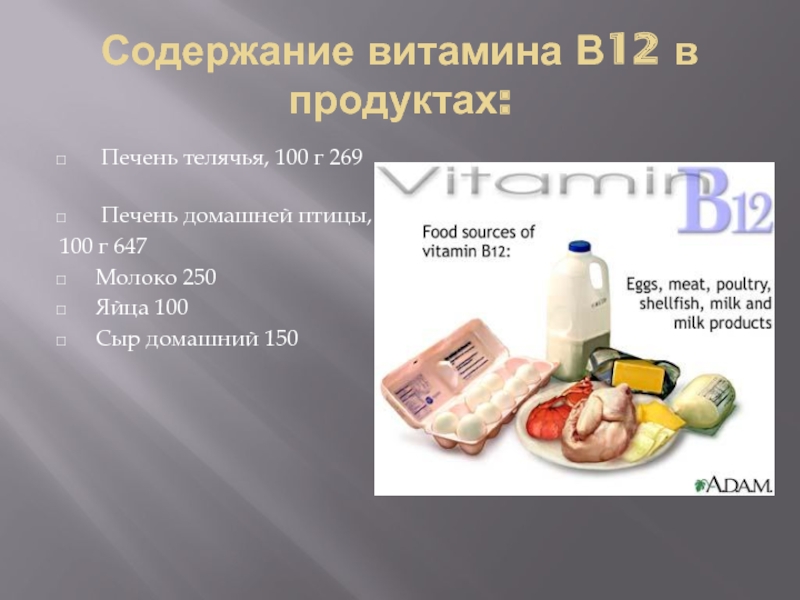 Содержание витамина В12 в продуктах: Печень телячья, 100 г 269  Печень домашней птицы,100 г 647Молоко 250Яйца