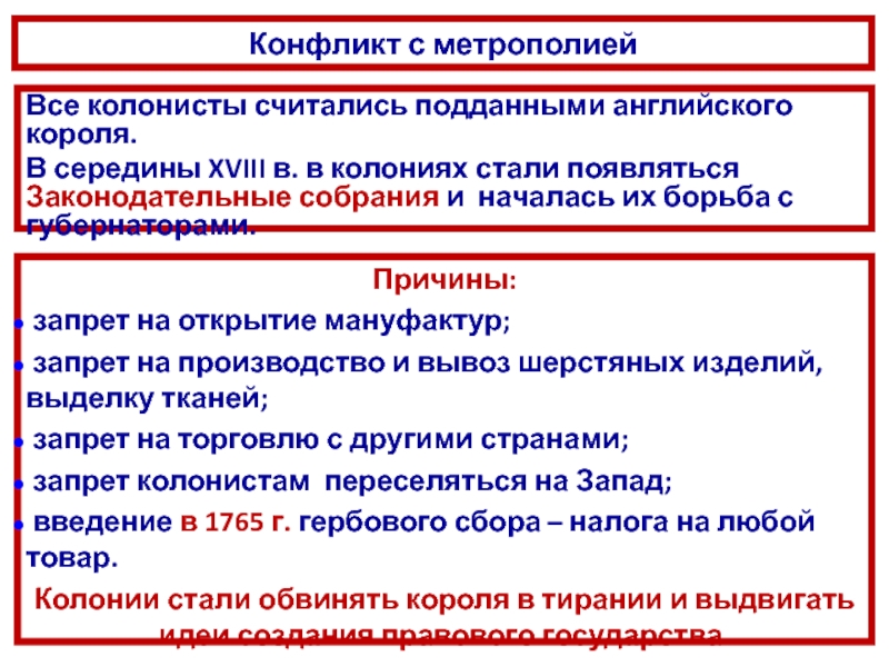 Причина английской колонии. Причины конфликта колоний с метрополией. Конфликт английских колоний с метрополией. Причины конфликта колонистов с метрополией. Конфликт с метрополией в Северной Америке.