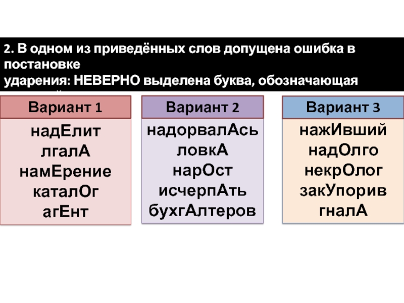 2. В одном из приведённых слов допущена ошибка в постановке ударения: НЕВЕРНО выделена буква, обозначающая ударный гласный