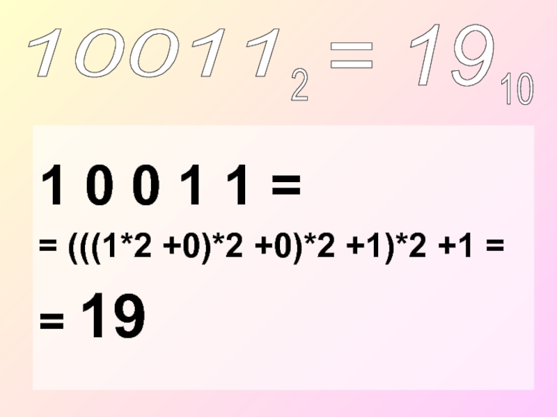 1 0 0 1 1 == (((1*2 +0)*2 +0)*2 +1)*2 +1 == 1910011= 19210
