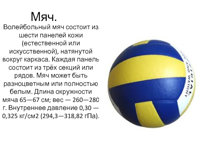 Мяч.Волейбольный мяч состоит из шести панелей кожи (естественной или искусственной), натянутой вокруг каркаса. Каждая панель состоит из