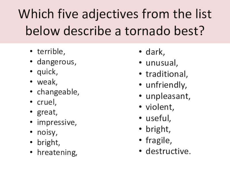 Disaster Word. Five adjectives