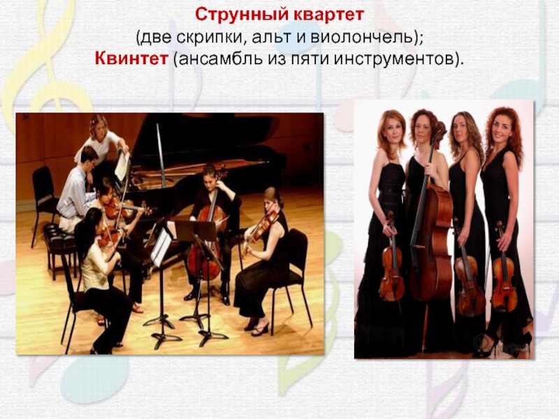 Струнный квартет (две скрипки, альт и виолончель);Квинтет (ансамбль из пяти инструментов).