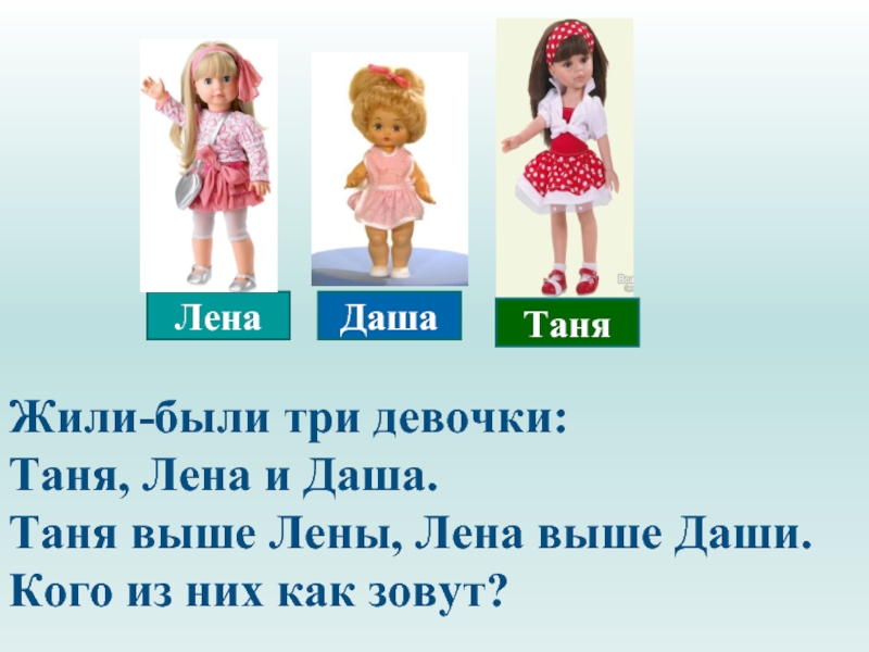 Жили-были три девочки: Таня, Лена и Даша. Таня выше Лены, Лена выше Даши.Кого из них как зовут?