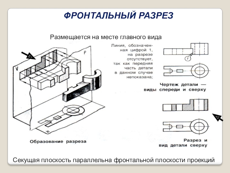 Фронтальный разрез. Фронтальный разрез на месте главного вида. Фронтальный разрез на главном виде. Фронтальный разрез детали пример. Главный вид с фронтальным разрезом.