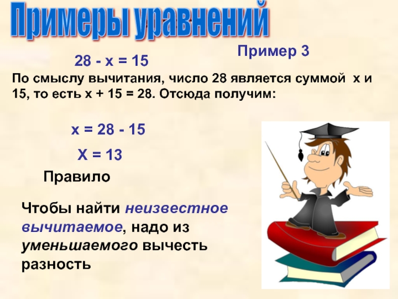 УпростиПримеры уравнений28 - х = 15По смыслу вычитания, число 28 является суммой х и 15, то есть
