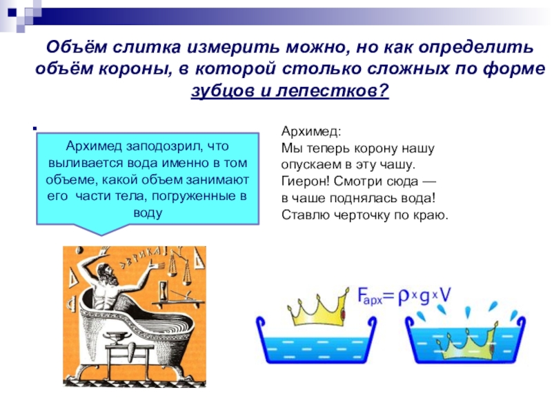 Как определить объем воды в лодке. Гиерон и Архимед. Легенда об Архимеде про корону. Архимед объем короны. Как Архимед нашел объем короны.