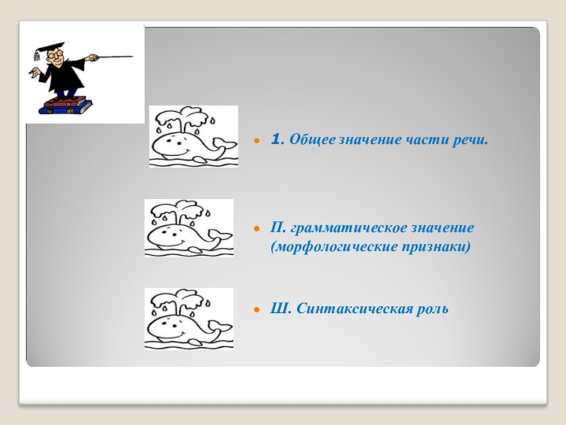 Значение одной части. Общие грамматические значения частей речи. Общее грамматическое значение синтаксическая роль. Сущ общее значение морфологические признаки синтаксическая роль. Морфологические признаки частей речи презентация.