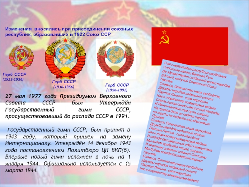 Герб СССР Флаг СССР (1924-1991) Символы государственной власти СССР27 мая 1977 года Президиумом Верховного Совета СССР был