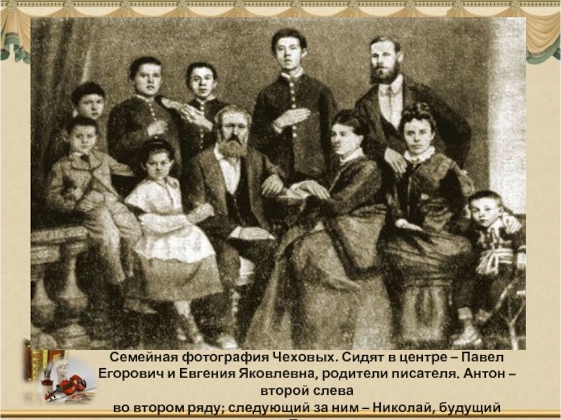 Семейная фотография Чеховых. Сидят в центре – Павел Егорович и Евгения Яковлевна, родители писателя. Антон – второй