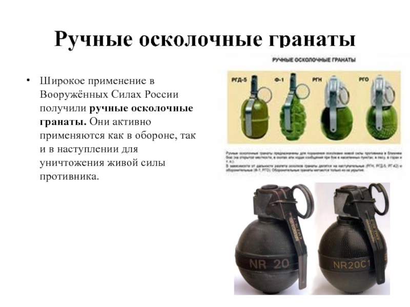 Ручные осколочные гранатыШирокое применение в Вооружённых Силах России получили ручные осколочные гранаты. Они активно применяются как в