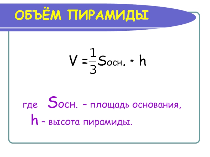 H основания. V Sосн h. Площадь основания. V=Sосн. V 1 3 Sосн h.