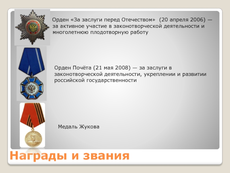 Награды и звания  Орден «За заслуги перед Отечеством» (20 апреля 2006) — за активное участие в