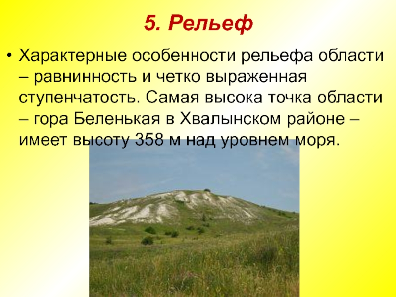 5. РельефХарактерные особенности рельефа области – равнинность и четко выраженная ступенчатость. Самая высока точка области – гора