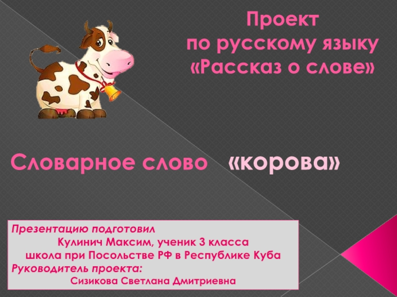 Проект по русскому языку Рассказ о слове Словарное слово корова