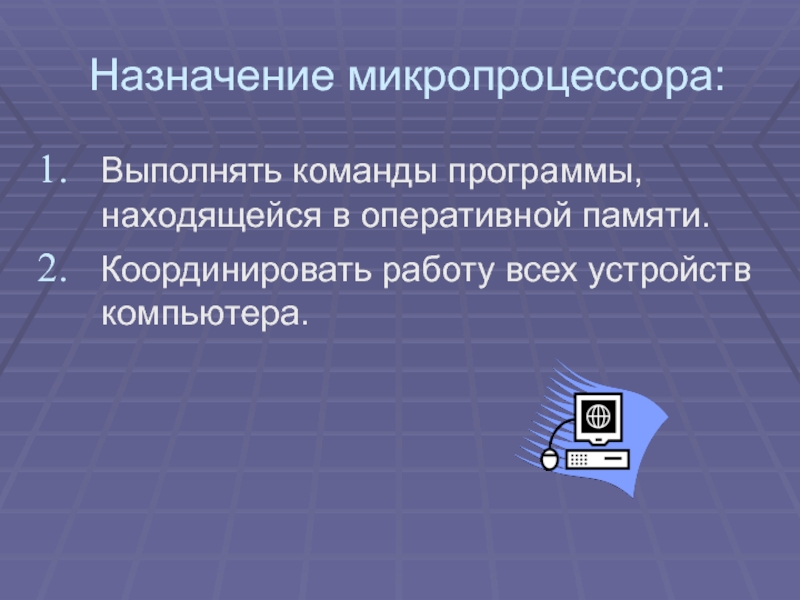 Выполняет команды программы находящейся в оперативной памяти