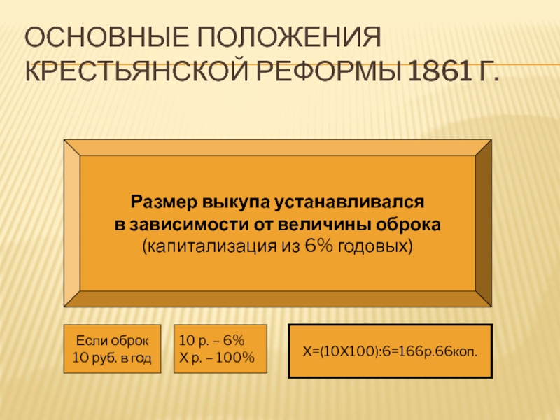 Основные положения крестьянской реформы 1861 г.Размер выкупа устанавливался в зависимости от величины оброка(капитализация из 6% годовых)Если оброк10