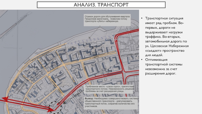 Анализ транспорта. Проект района в условиях реконструкции. Анализ транспорта района. Генеральный план, Цесовская набережная 2 этап.