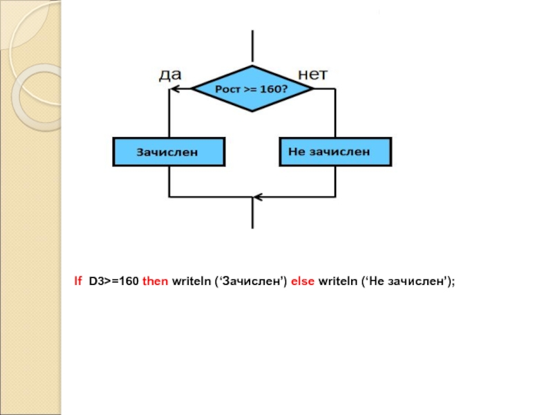 If D3>=160 then writeln (‘Зачислен’) else writeln (‘Не зачислен’);