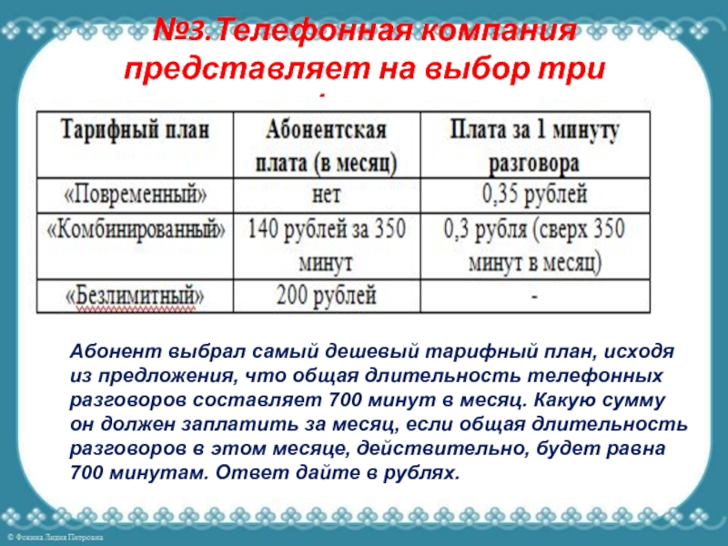 Телефонная компания предоставляет на выбор три тарифных плана повременный комбинированный безлимитный