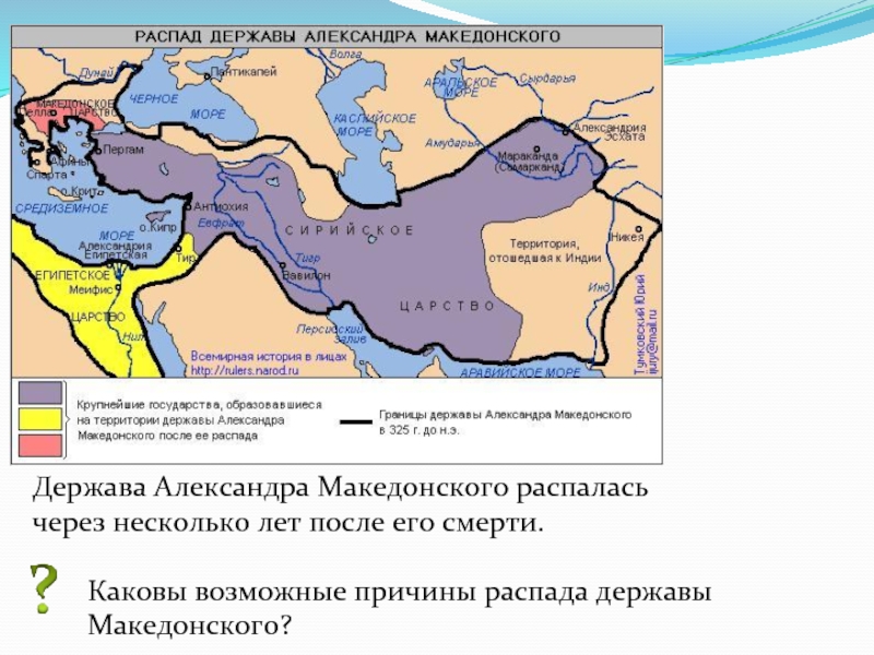 Держава Александра Македонского распалась через несколько лет после его смерти.Каковы возможные причины распада державы Македонского?