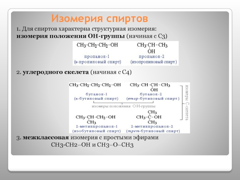 Метанол функциональная группа. Классификация. Изомерия. Химические свойства одноатомных спиртов:. Изомеры углеродного скелета. Изомерия спиртов 10.