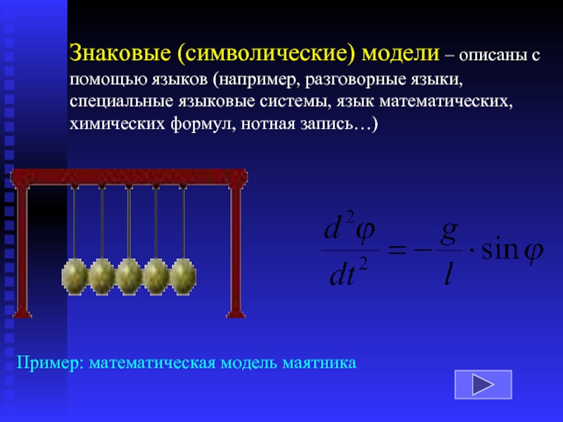 Пример: математическая модель маятникаЗнаковые (символические) модели – описаны с помощью языков (например, разговорные языки, специальные языковые системы,