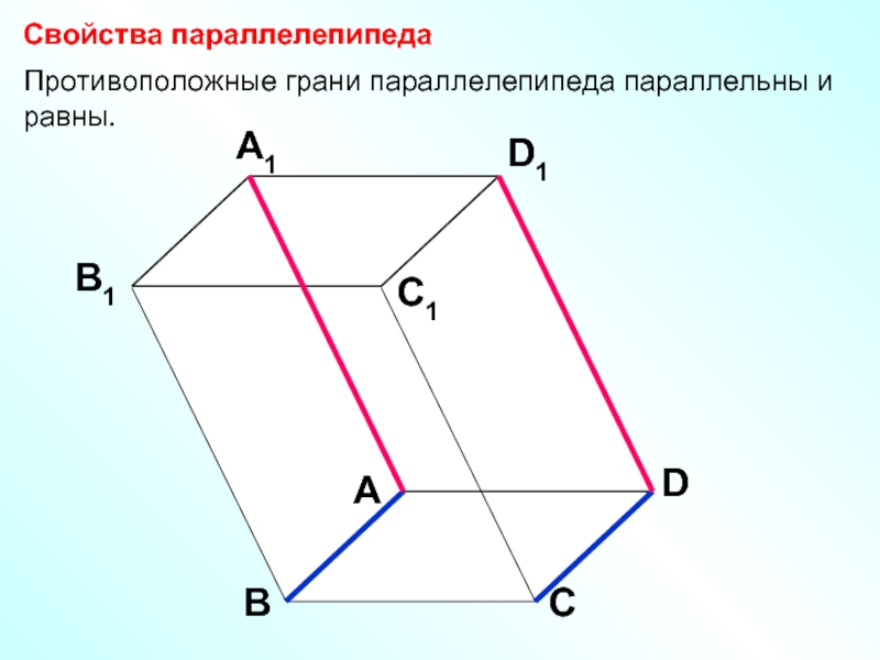 Середина параллелепипеда. 1.Противоположные грани параллелепипеда параллельны и равны.. Свойства противоположные грани параллелепипеда параллельны и равны. Свойства противолежащих граней параллелепипеда. Противоположные ребра параллелепипеда.