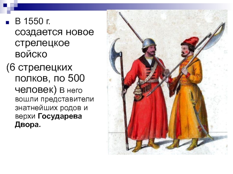 Создание стрелецкого войска ивана 4. Стрелецкое войско Ивана Грозного кратко. Создание Стрелецкого войска. 1550 Создание Стрелецкого войска. Начало формирования Стрелецкого войска.